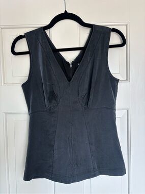 Y2K Express Babydoll Black Tank V-Neck Silk Shell Blend Ruched Back Sz 8 (M)